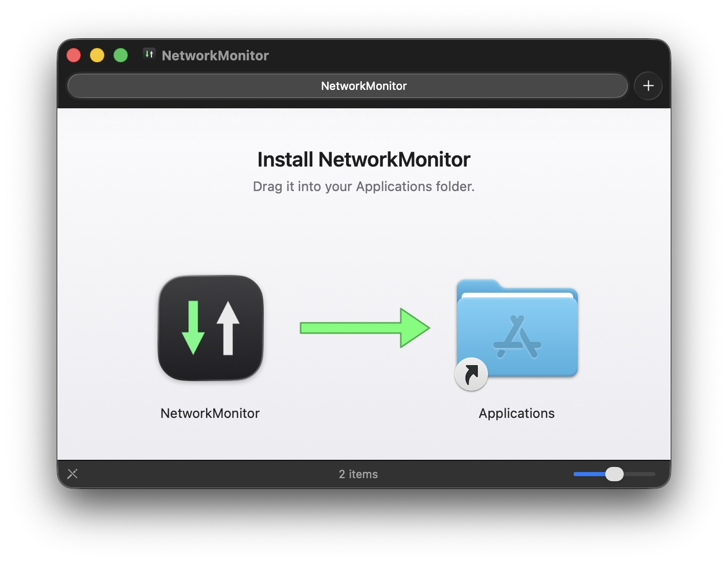 The NetworkMonitor disk image open in Finder: the title Install NetworkMonitor, the line Drag it into your Applications folder, and the app icon with a green arrow pointing to the Applications folder.