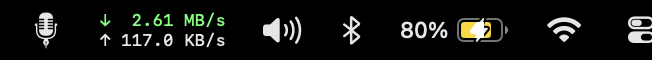 A strip of the macOS menu bar: NetworkMonitor reads 2.61 MB/s down and 117.0 KB/s up, between the microphone icon and the volume, Bluetooth, 80% battery and Wi‑Fi icons.