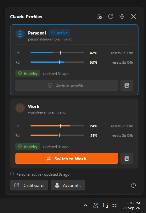 The Claude Profiles icon in the Windows 11 taskbar, with its flyout open above it showing a Personal and a Work account. Each has 5-hour and 7-day usage bars with a white pace marker: Personal's 5-hour usage sits short of its marker, Work's runs past it.